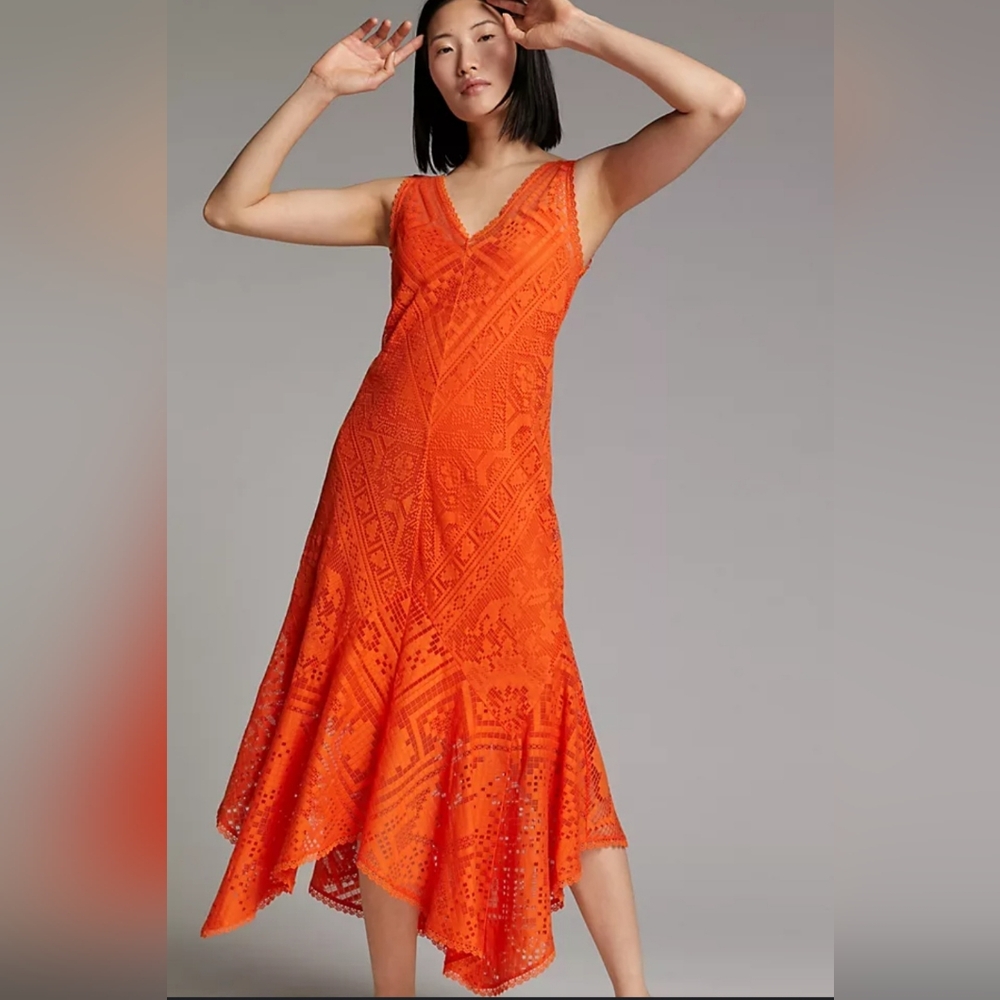 Anthropologie Bright Orange Crochet Maxi Dress